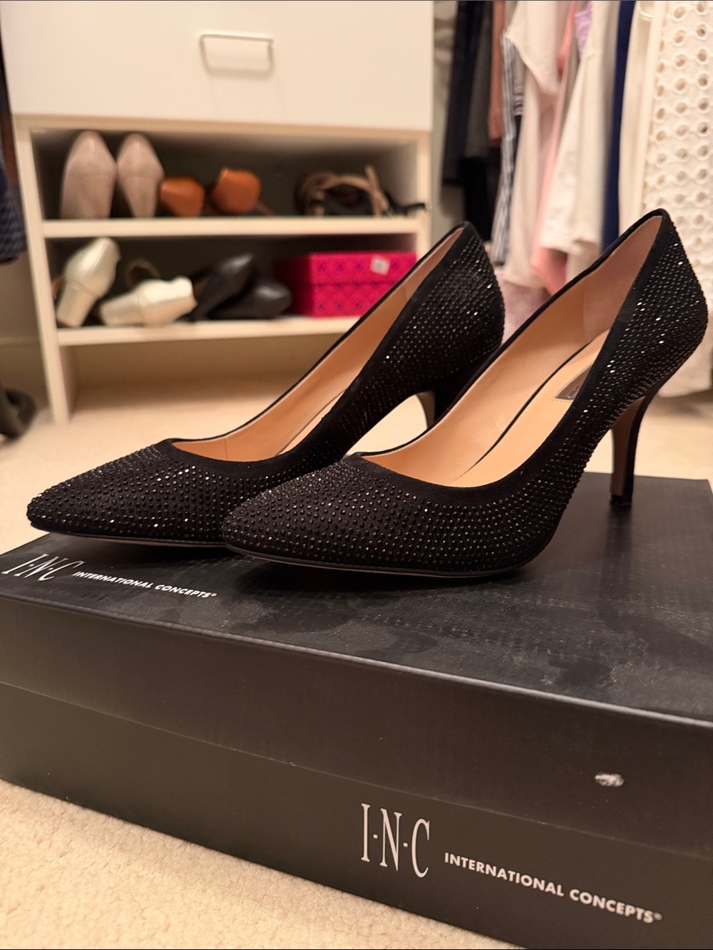 INC International Concepts Black Crystal-Embellished Pointed Pumps